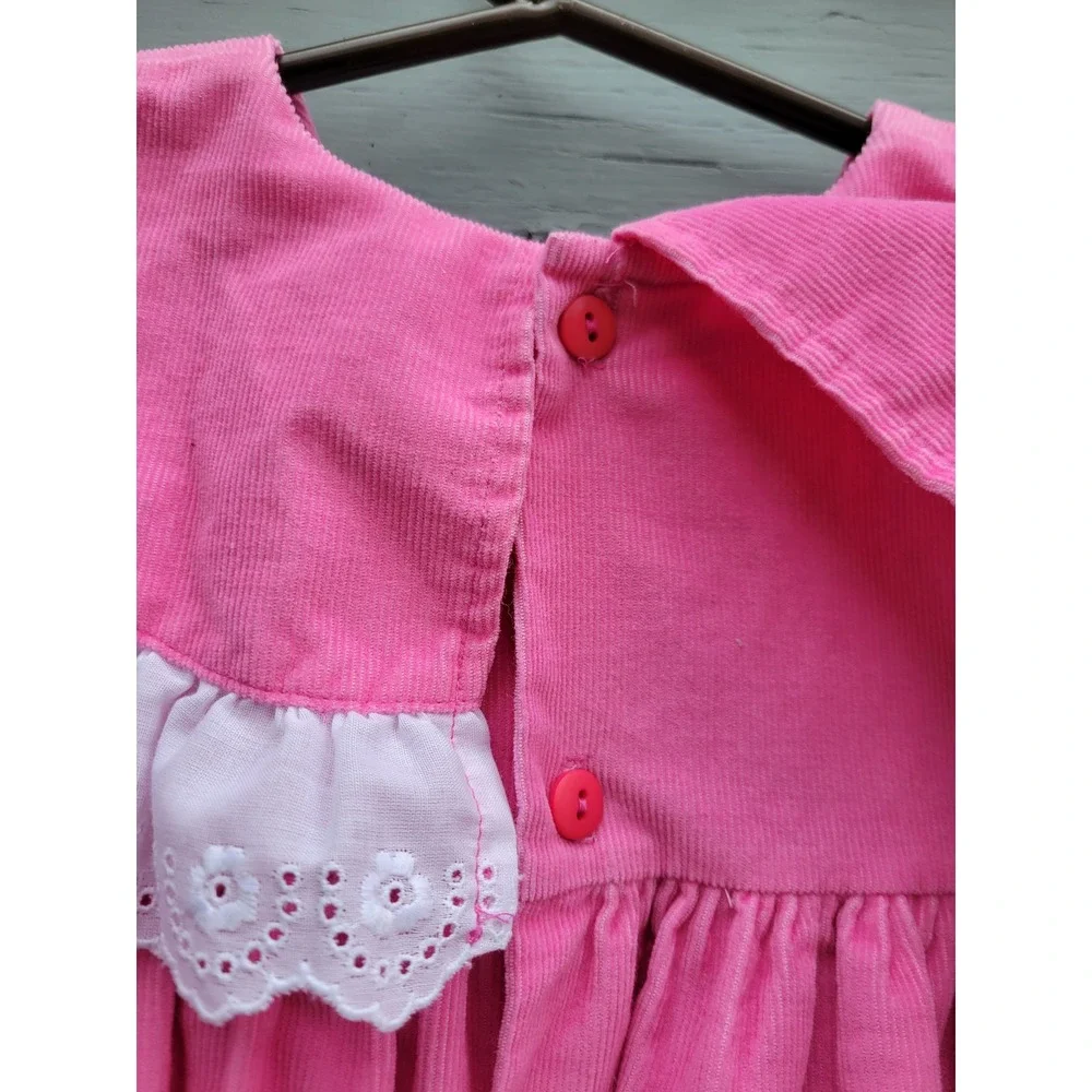 Vintage 90s‎ OshKosh B'gosh Corduroy Dress Pink Eyelet Lace Floral Embroidery 6